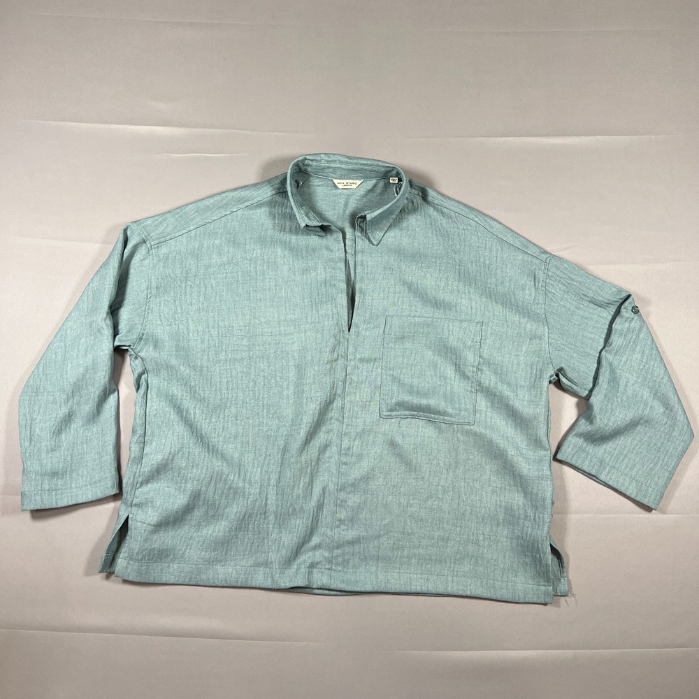 Max Studio London Tunic Blouse Womens Aqua Textured Roll Tab Sleeve Split Neck